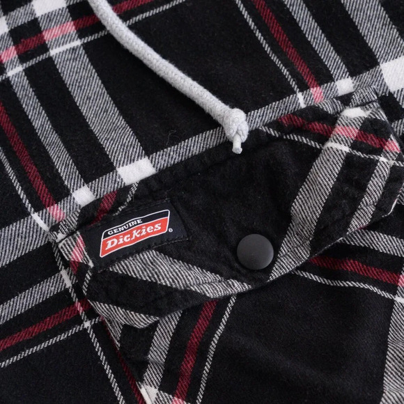 Dickies Black Red Checker Button Up Removable Hood Quilt Stitch Lined Shacket XL - Picture 5 of 15